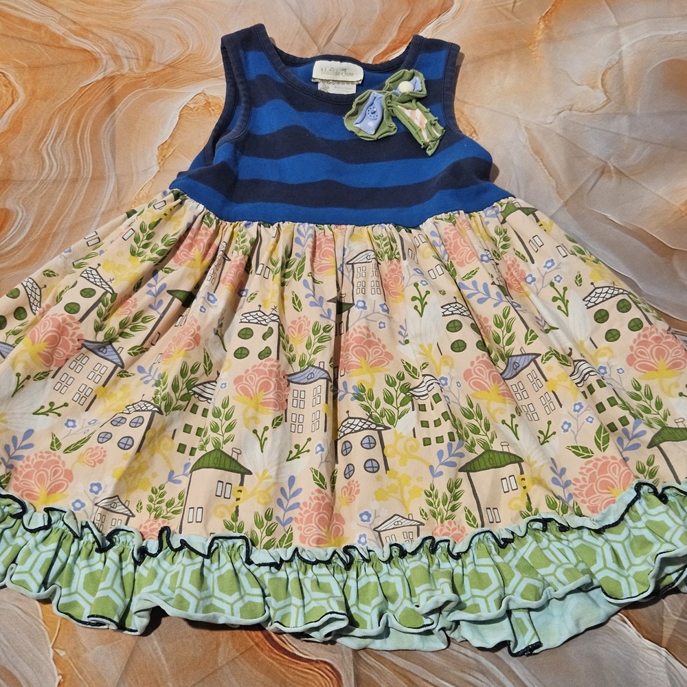 Matilda Jane Girls Size 2 Mixed Print Stripe Floral Ruffle Dress Blue Pink